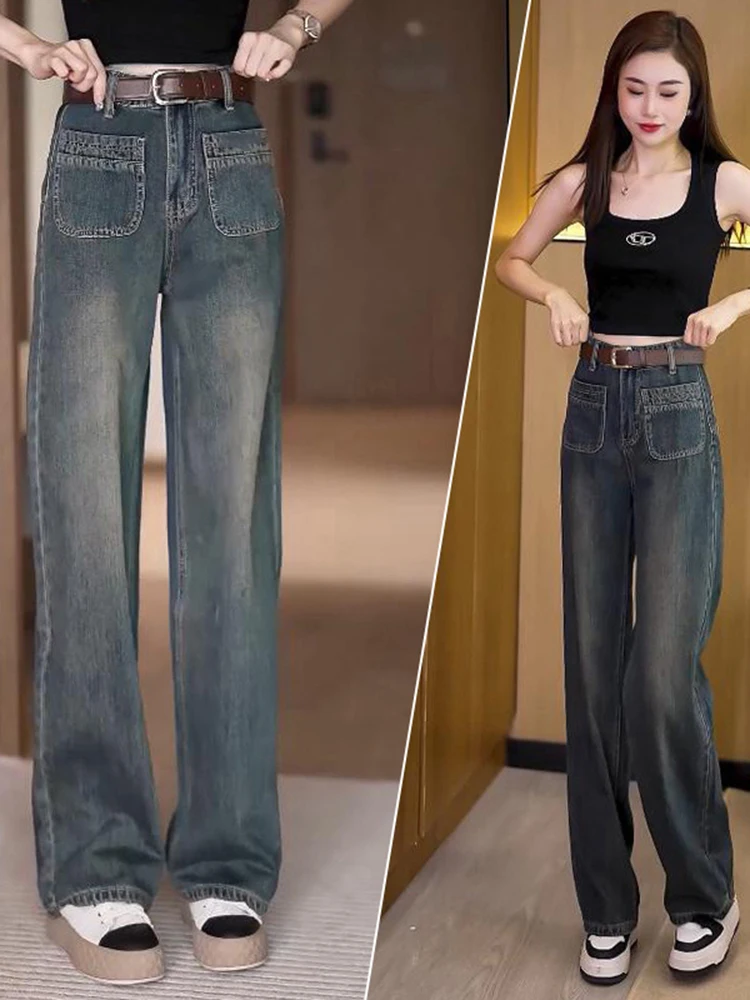 Pantalones Vaqueros Retro de Mezclilla, Cintura Alta, Pierna Recta, Largos hasta el Suelo, Casuales, a la Moda, para Mujer, Diseño Nuevo de Otoño, con Cinturón