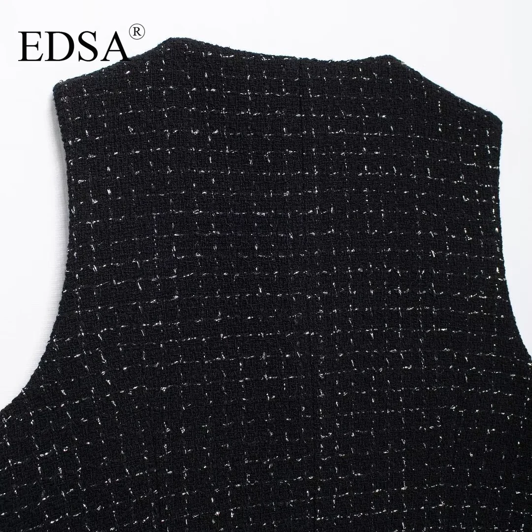 EDSA Women Textured Cropped Waistcoat Round Neck Sleeveless Metallic Thread Front Embossed Gold Button Vest Outerwear