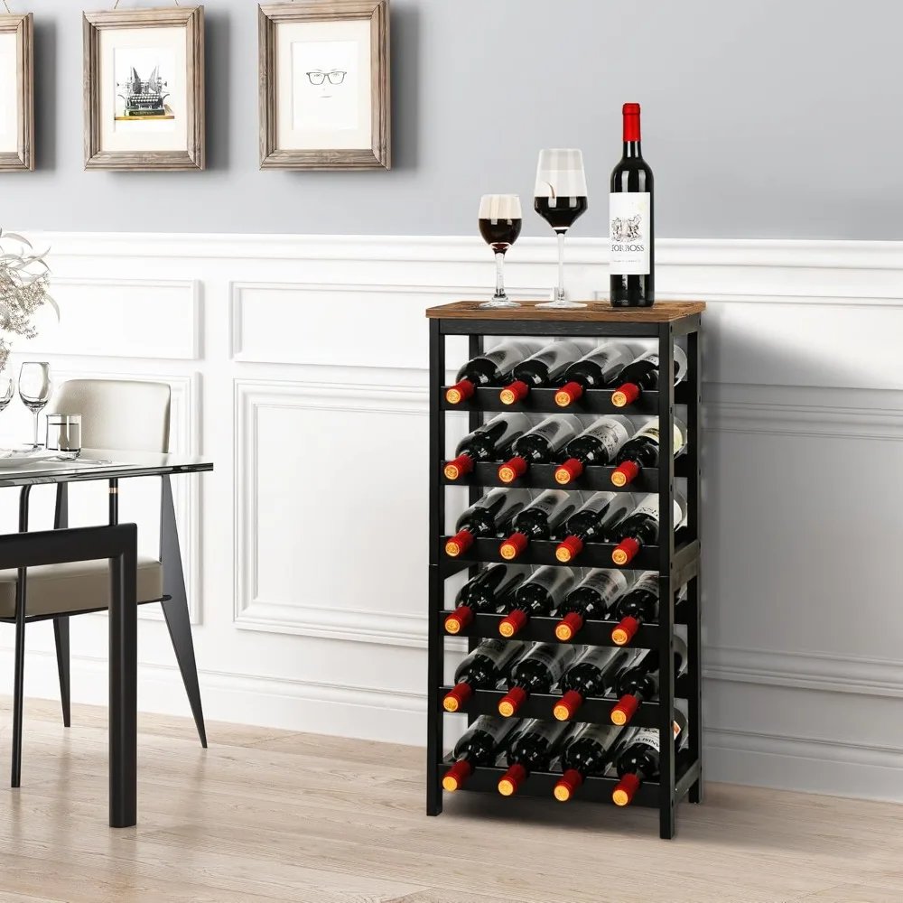 Rack de vinho vasmia piso autônomo, prateleiras de armazenamento de vinho de bambu de 6 camadas com tampo de mesa, prateleira de rack de vinho de 24 garrafas para cozinha b