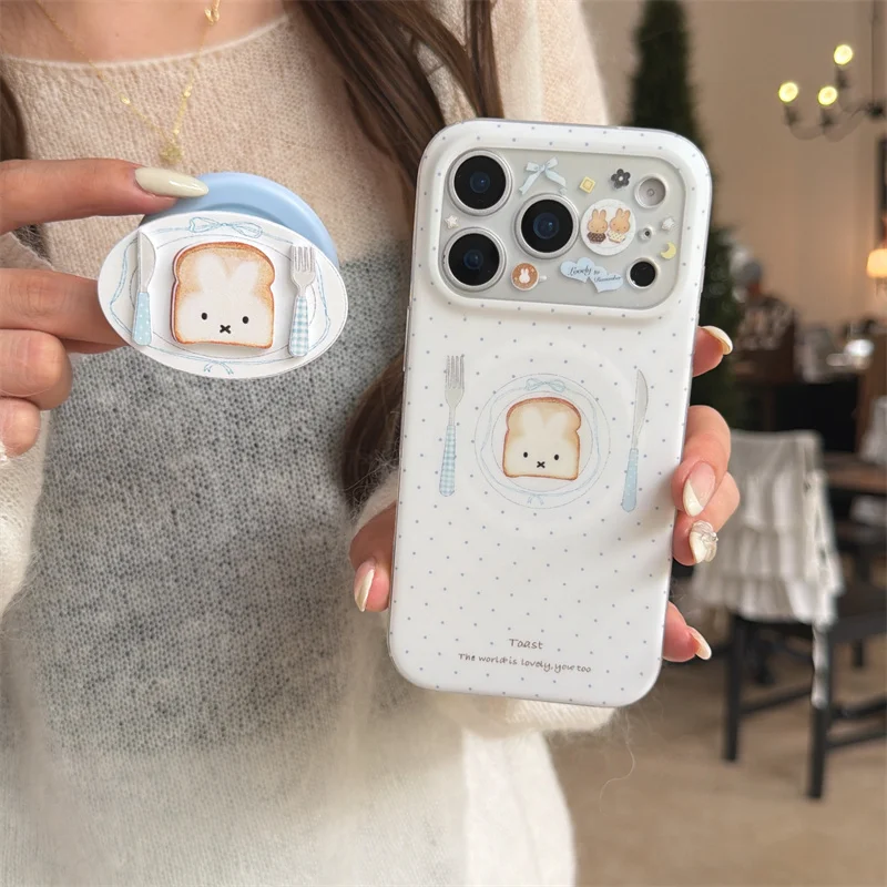 

Cute Toast Bread Bunny Print For MagSafe Case Blue Shockproof Cover For iPhone 13 14 15 16 17 Pro Max Toast Stand Girls
