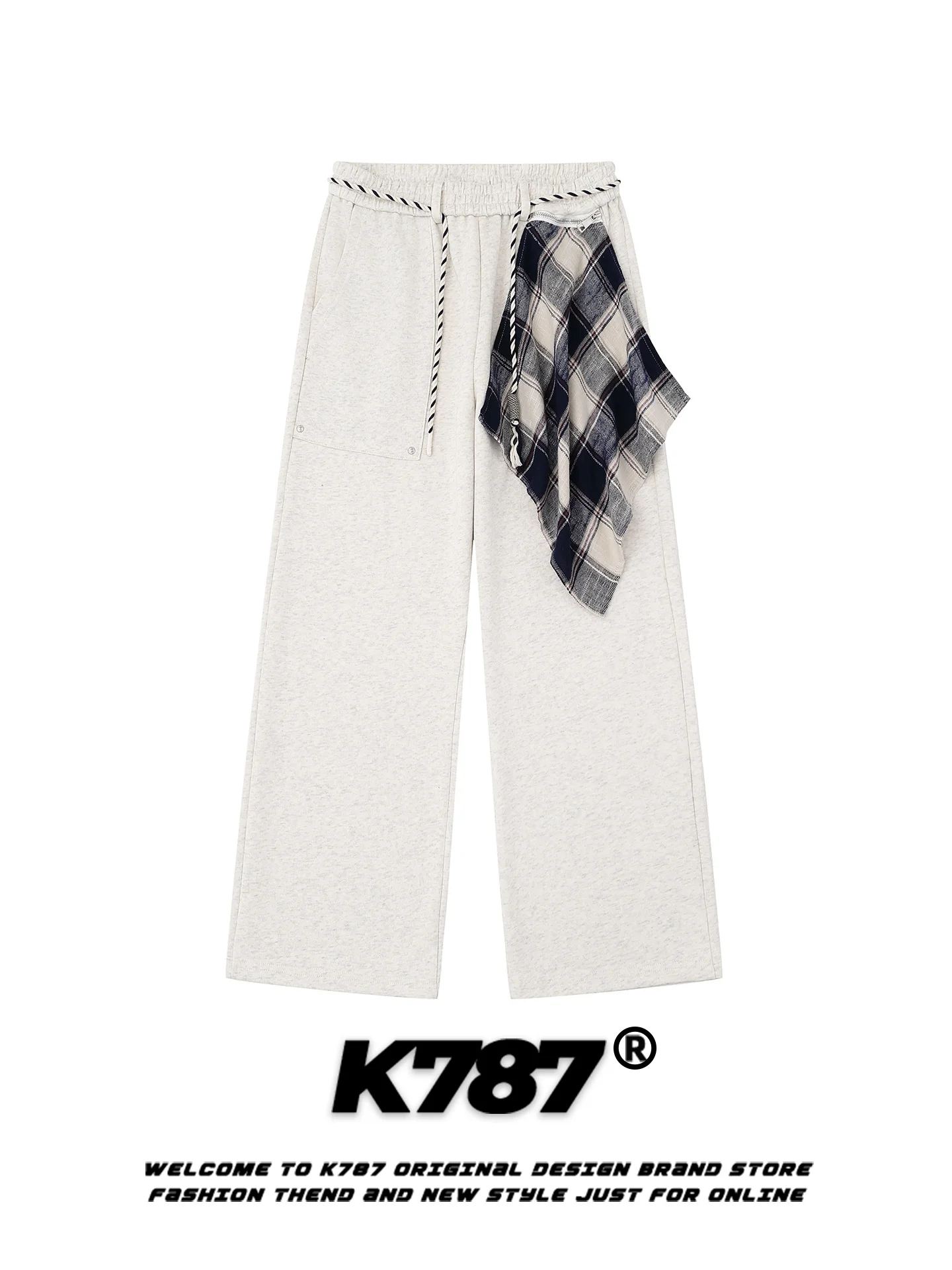 

High Waist Casual Sports Straight Leg Sweatpants Men's Women's American Retro Plaid Scarf Splicing Leisure Pants