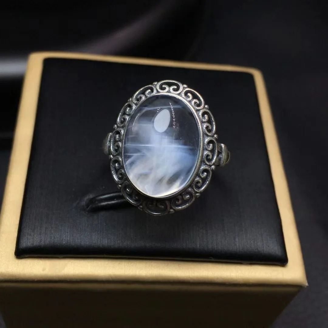 1 Pc Fengbaowu Natural Blue Feather Needle Blue Rutilated Quartz Ring Angel Feather Oval Cabochon 925 Sterling Silver