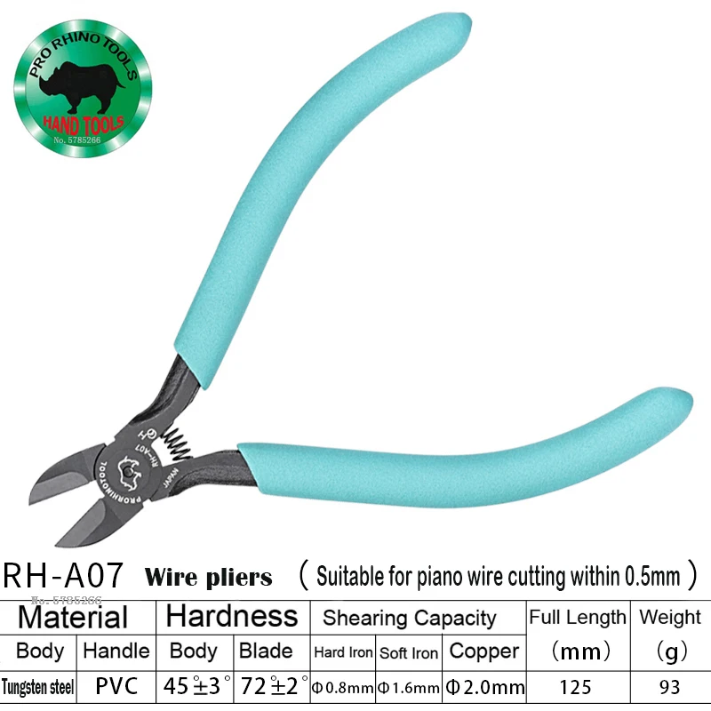 Japan RHINO RH-A07 Tungsten Inlaid Optical Fiber Diagonal Pliers 5-inch Steel Wire Cutting Pliers, Diagonal Pliers 125mm Long