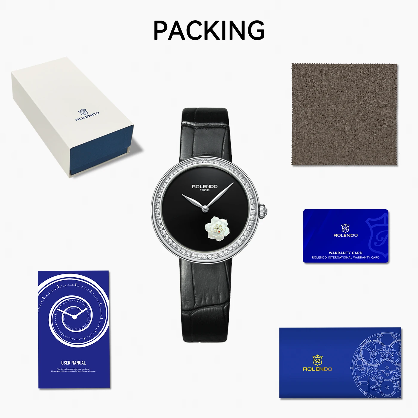 ROLENDO Women Diamond Automatic mechanical Watch Floral 35mm Sapphire Crystal Italian Leather Strap 50m Water Resistant Elegant