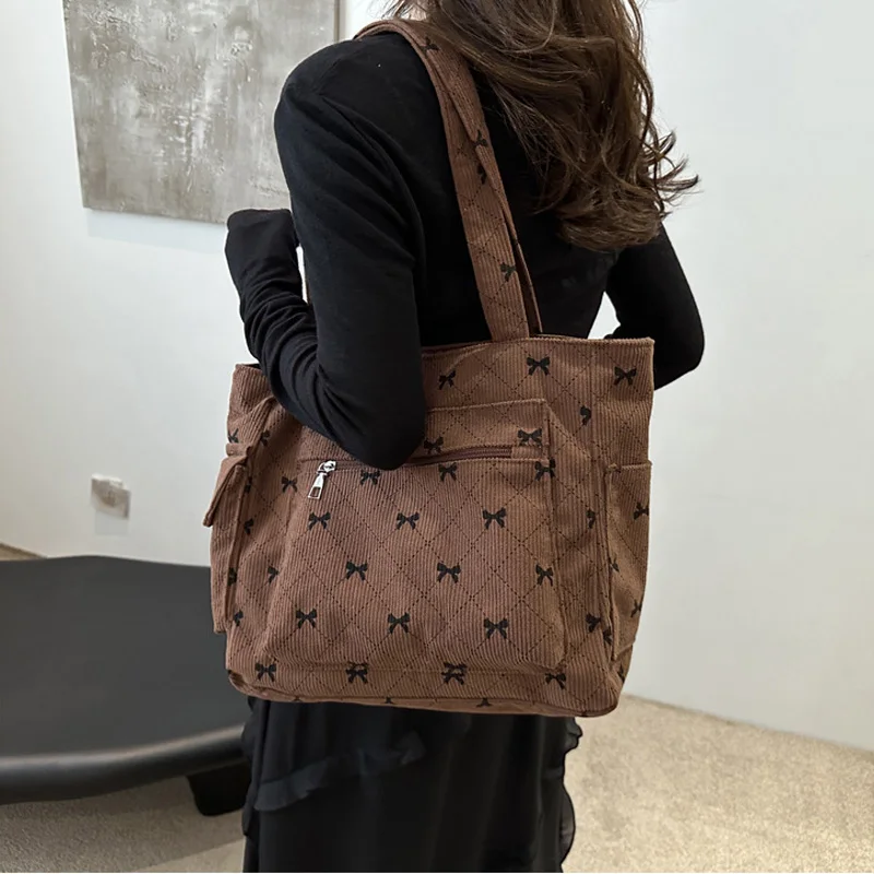 Large Capacity Corduroy Casual Tote Bags For Ladies, Casual Bow Pattern Commuting Handbags Women\'s For Shopping