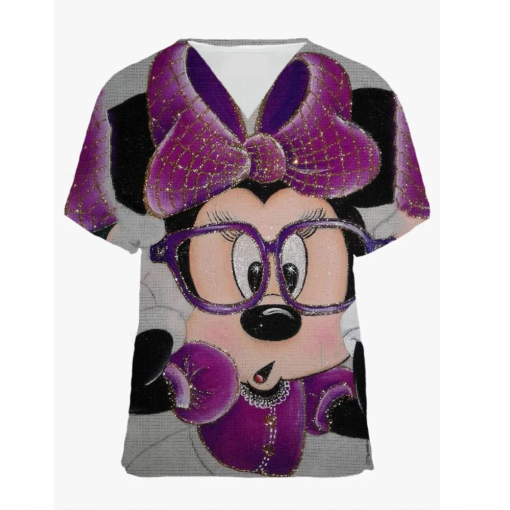 Disney Minnie Pet Hospital Work Clothes Women Short-sleeved Tops Stretch Nurse Uniform Dental Clinic Mickey Mouse Surgical Gown