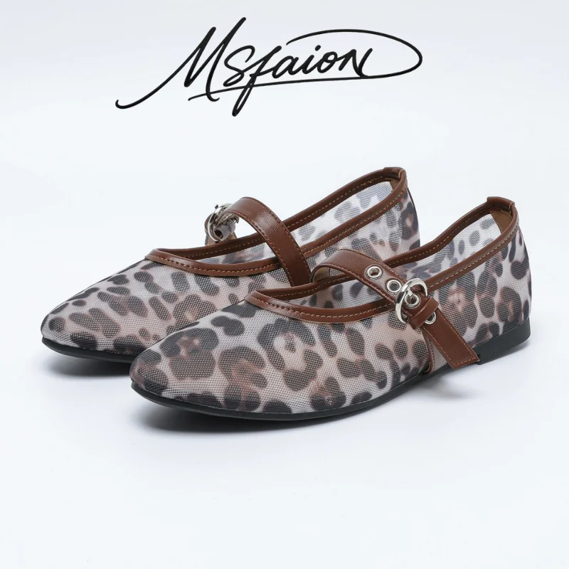 

Женские туфли Мэри Джейн больших размеров (35-43) 2026 года, новые, с леопардовым принтом, сетчатые, с круглым носком, на одной лямке, дышащие, повседневные, удобные, на плоской подошве