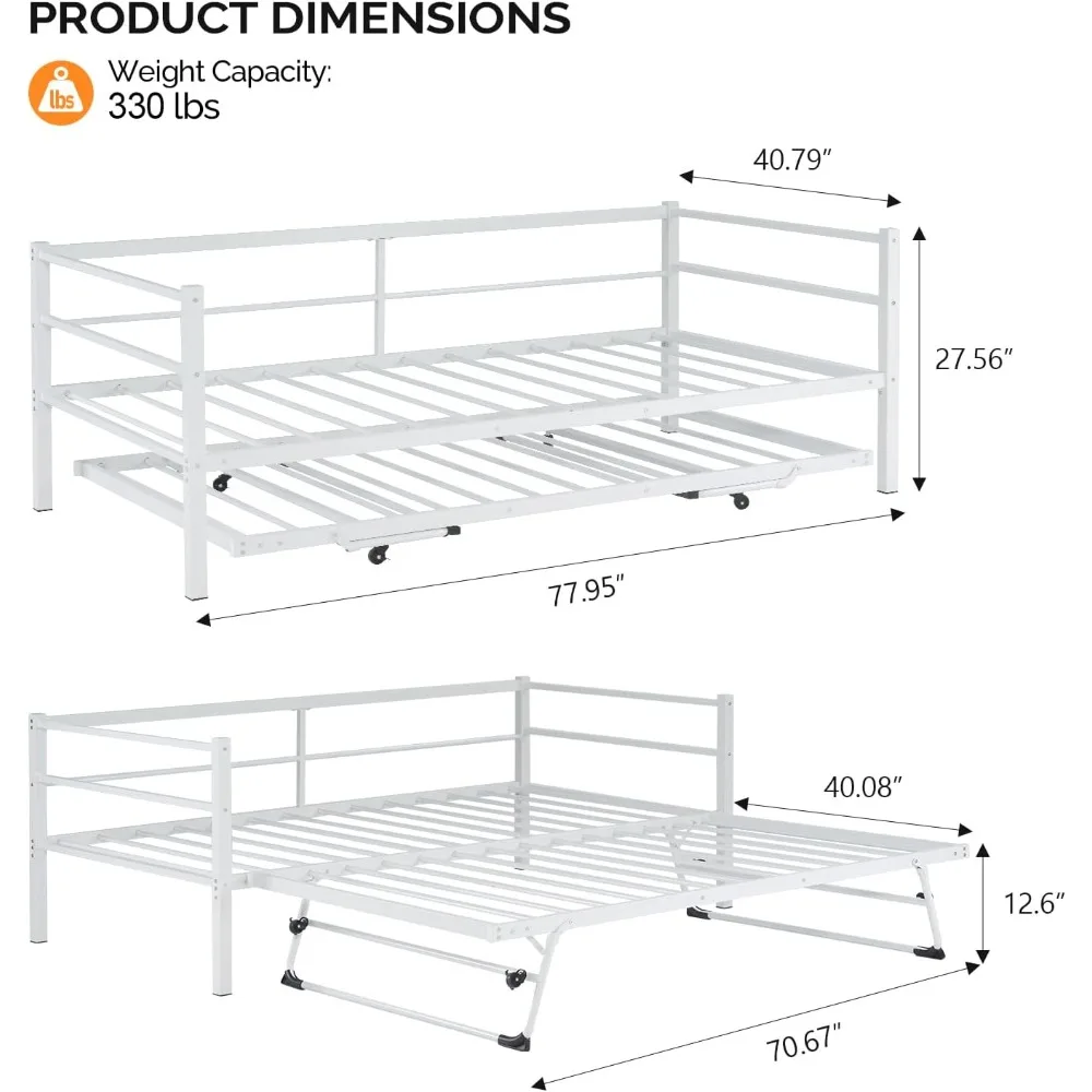 سرير نهاري VINGLI مع دولاب منبثق، سرير مزدوج معدني شديد التحمل مع دولاب، لا حاجة إلى صندوق زنبركي، أبيض