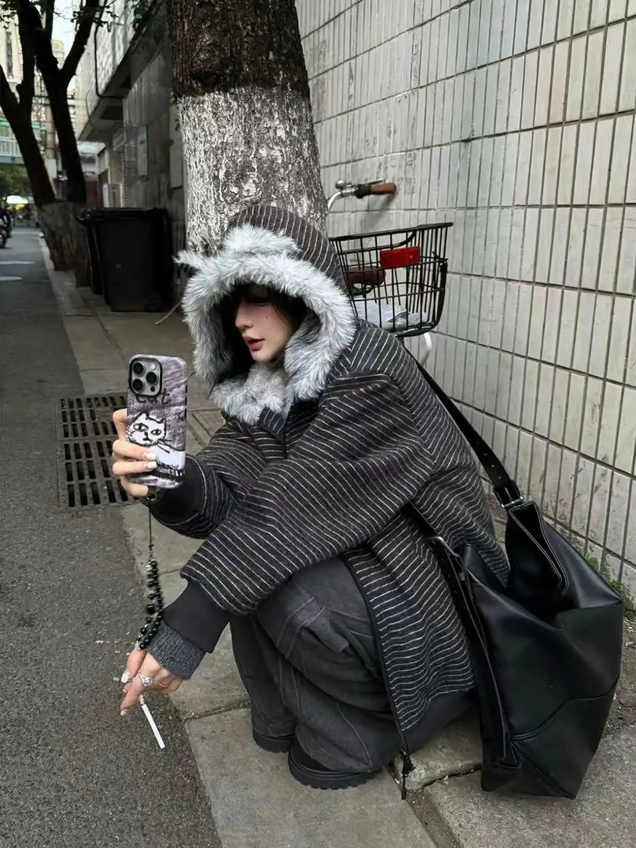 Vintage Beige Striped Long-sleeved Cat Ears Hooded Fur Collar Cotton Jacket Women's Autumn Winter Versatile Jacket Velvet Warm