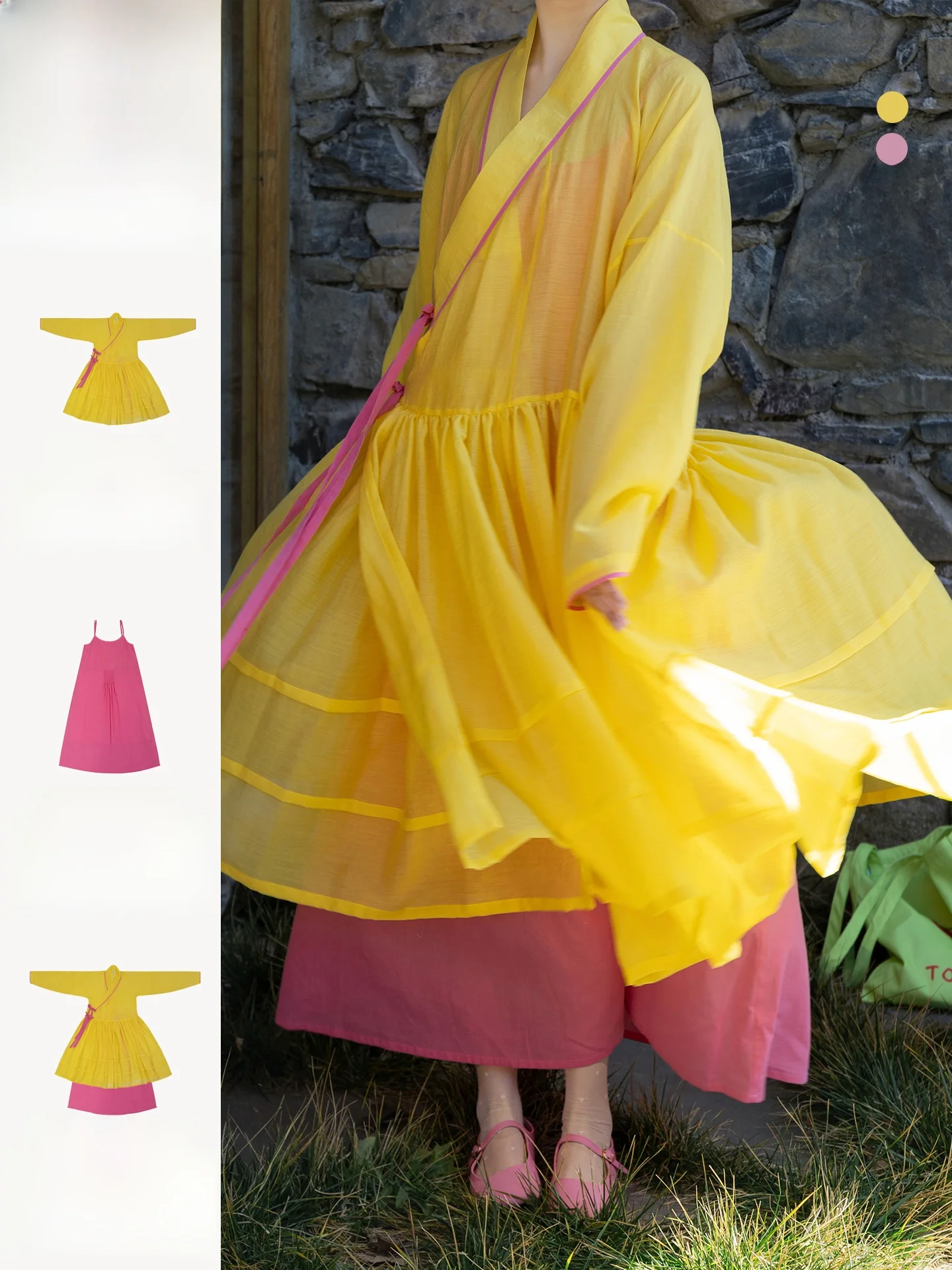

Gong Yu Double Color Patchwork Hanfu Polka Dot Dr Silk Strap Dr Daily Wear Traditional Chinese Costume