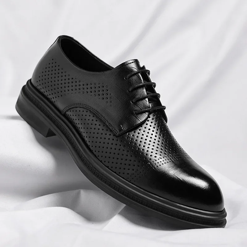 3 6 8cm Heel High Quality Men's Leather Dress Shoes Fashion Casual Designer Wedding Shoes Hollow Casual Platform Shoes for Men