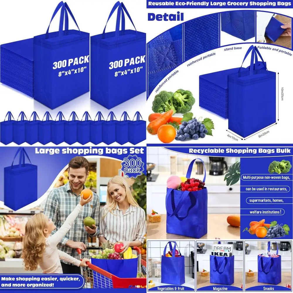 Herbruikbare draagtassen Bulk - 300 stuks niet-geweven boodschappentassen met handvatten, 8x4x10 inch, koningsblauw, boodschappen- en cadeautassen