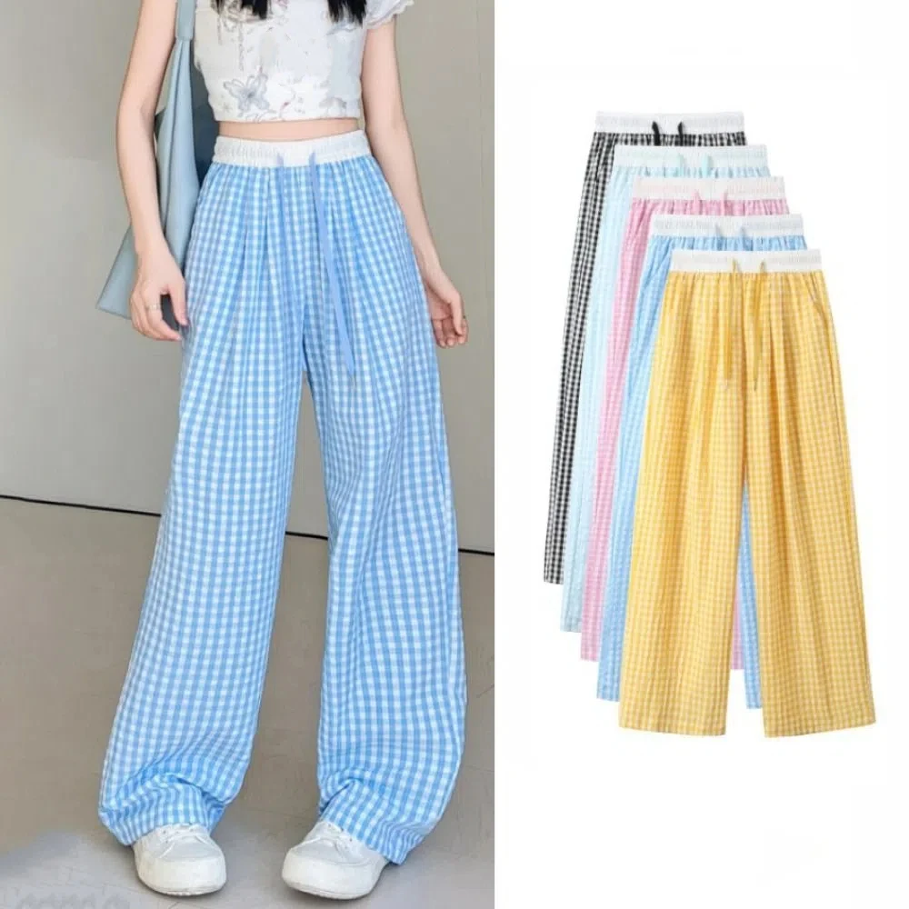 

Fashion High Waist Straight Plaid Pants Casual Thin Y2K Drawstring Pants Baggy Trousers Stripe Wide Leg Loose Pants Summer