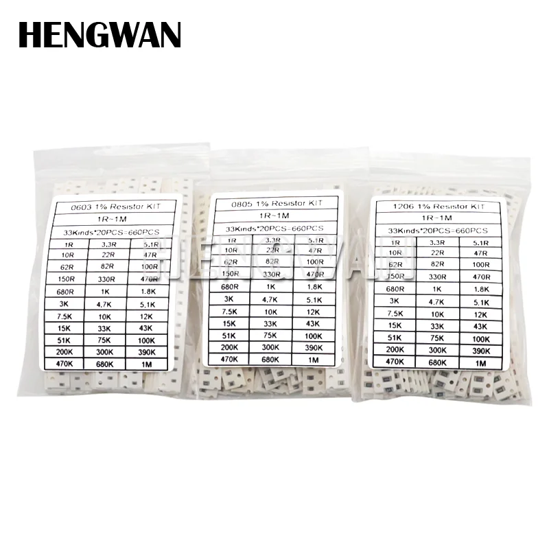 0402 0603 0805 1206 1210 2512 SMD Resistor Assorted Kit 10K 100K 1K 1R 100R 220R Resistance 1% 5%