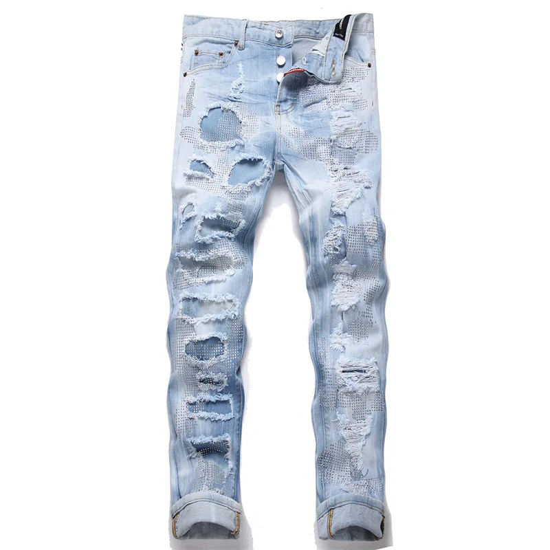 

Men's High Street Destroyed Jeans Pants With Beading Fashion Streetwear Ripped Denim Trousers With Patchwork Slim Fit Bottoms