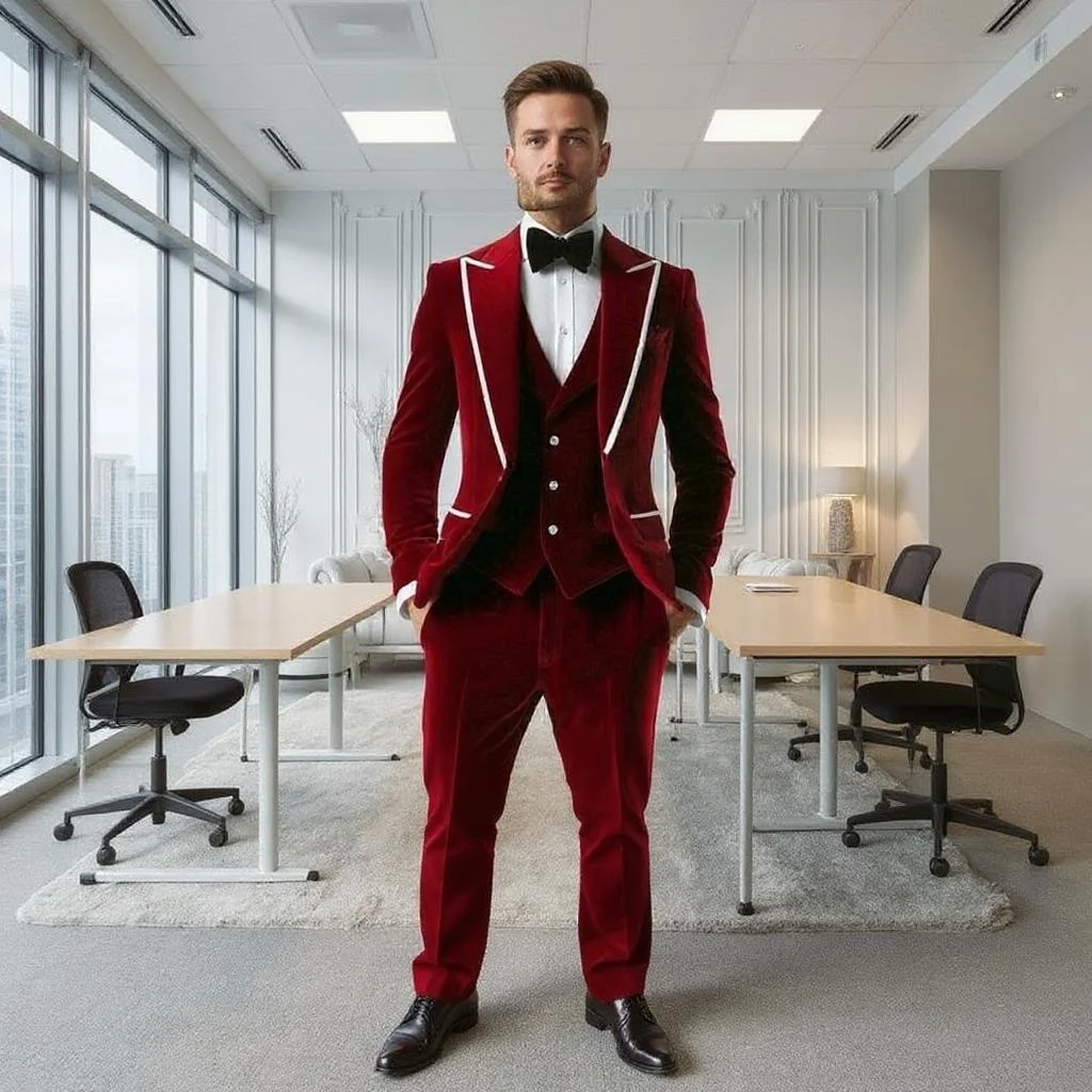 Ternos masculinos de veludo borgonha, jaqueta de 3 peças com peito único e calças colete, feito sob encomenda, smoking de casamento para homens