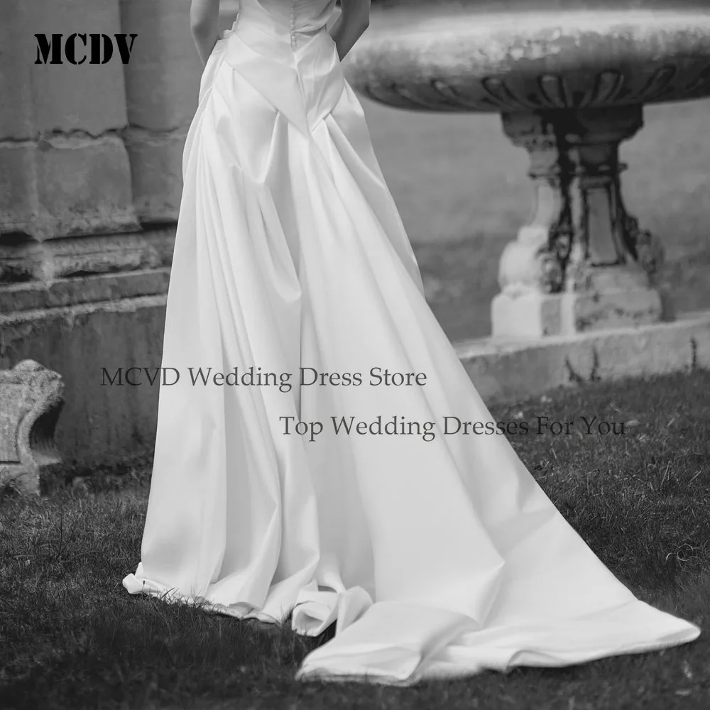 MCDV robes De mariée sans bretelles pour femmes mariée avec nœud dos nu Satin bouton dos plissé Robe De Mariée personnalisé personnalisé