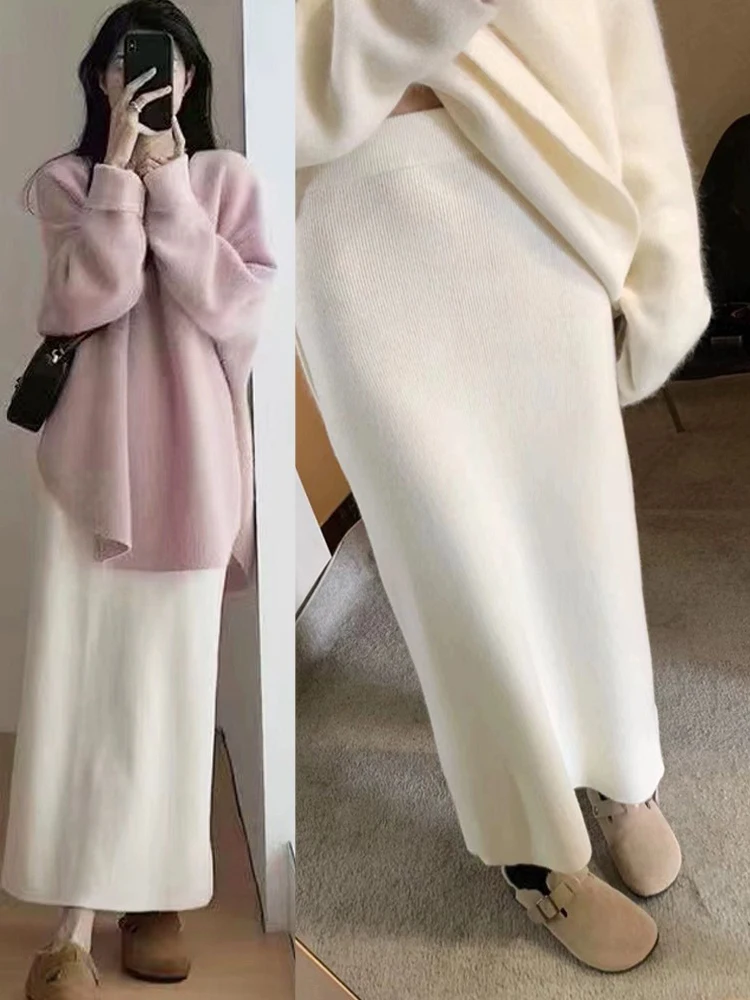 

2025 Knitted Skirt Women's Autumn and Winter New Lazy Wind High Waist Slim and Thin Medium and Long Straight Skirt