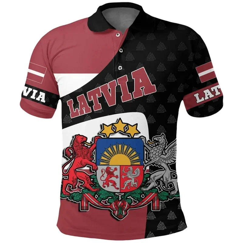3D Print Latvia Flag Polo Shirt For Men National Emblem Pattern T-Shirts Summer Street Casual Short Sleeve Loose Tops Lapel Tees