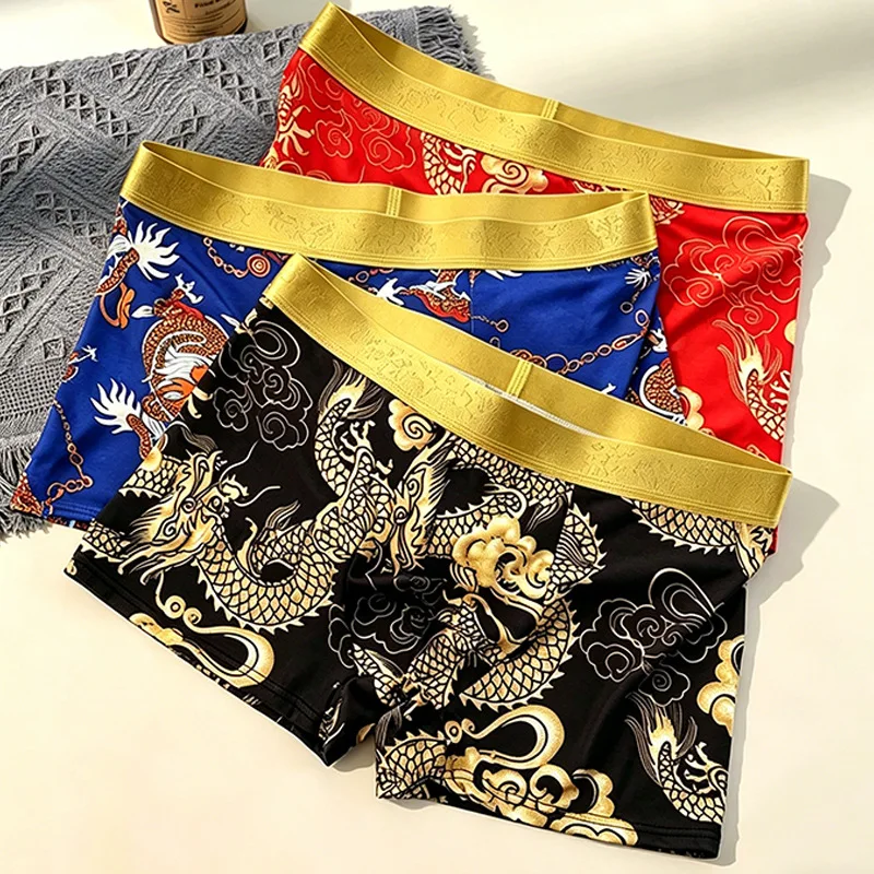 

4 Pack Mens Chinese Style Dragon Print Ice Silk Boxer Briefs Red For Birth Year Quick Dry Plus Size Mens Underwear
