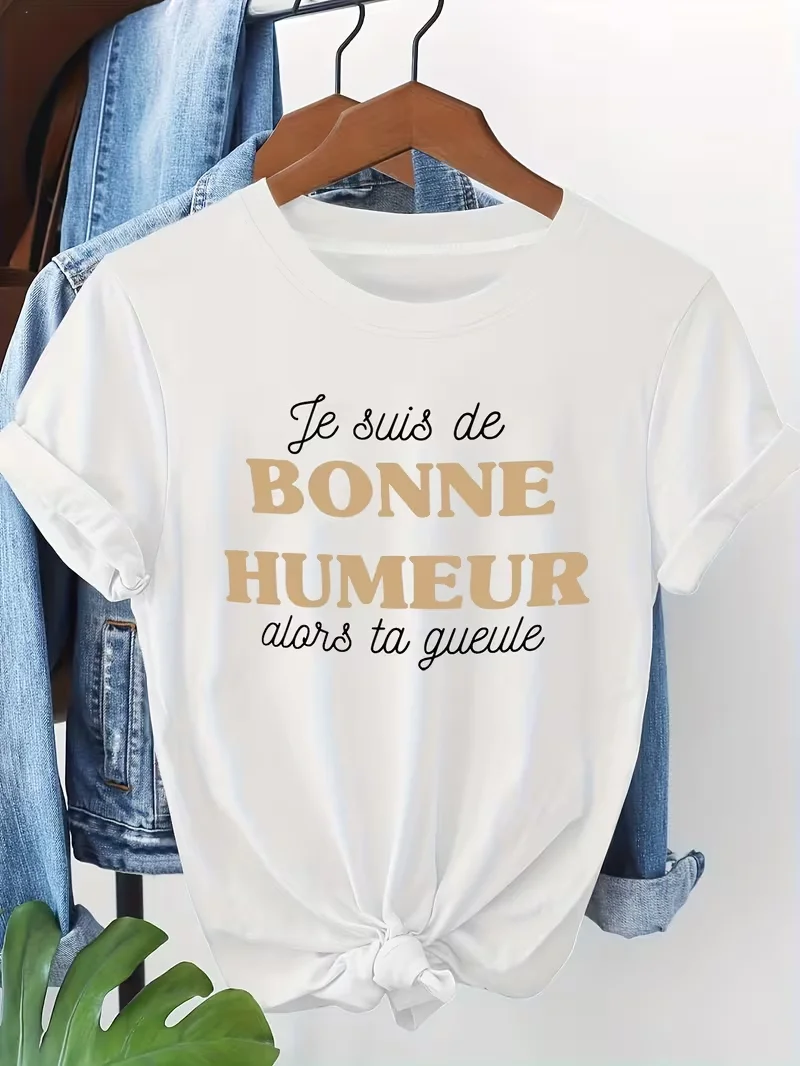 I'M in a GOOD MOOD So Shut Your Mouth Text Print, Short Sleeve Crew Neck Casual Top for Summer & Spring, Women'S Clothing