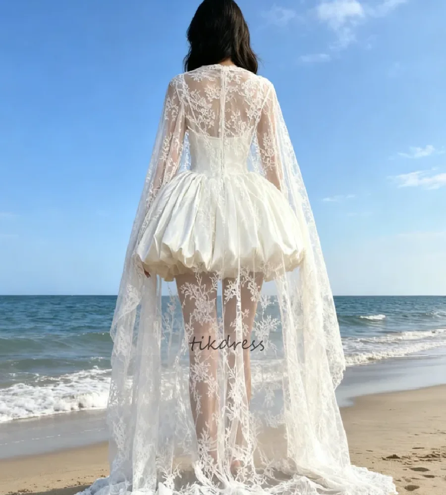 White Satin Corset Mini Wedding Dress Bubble Beach Elopement Lace Cape Short Boho Bridal Gowns 2026 Pearls Bohemian Reception