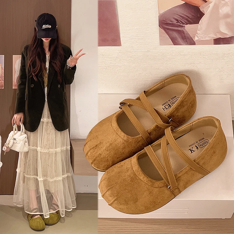 Korean-style Popular Ballet Shoes for Women 2026 Autumn New Round-toe Suede Height-increasing Comfortable Mary Jane Flats