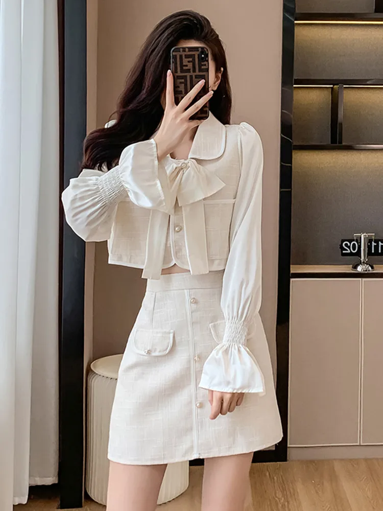 Fall New Two Piece Set Women Outfits Tweed Patchwork Flare sleeve Satin Shirt and Woolen A-line Skirt Suits ensembles de jupes