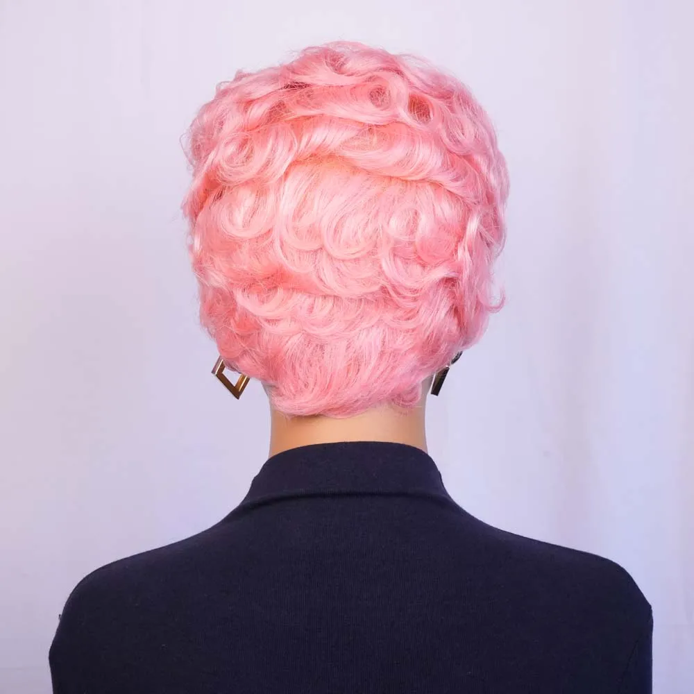 Wig Rambut Manusia Pendek dengan Poni Wig Potongan Pixie Pink untuk Wanita Kulit Hitam Rambut Manusia Remy Gaya Rambut Berlapis Wig Buatan Mesin