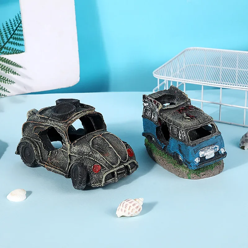 Creative Off-Road Car Wrecked Shrimp Hiding House Simulation School Bus Resin Crafts Aquarium Landscape Decorative Ornaments