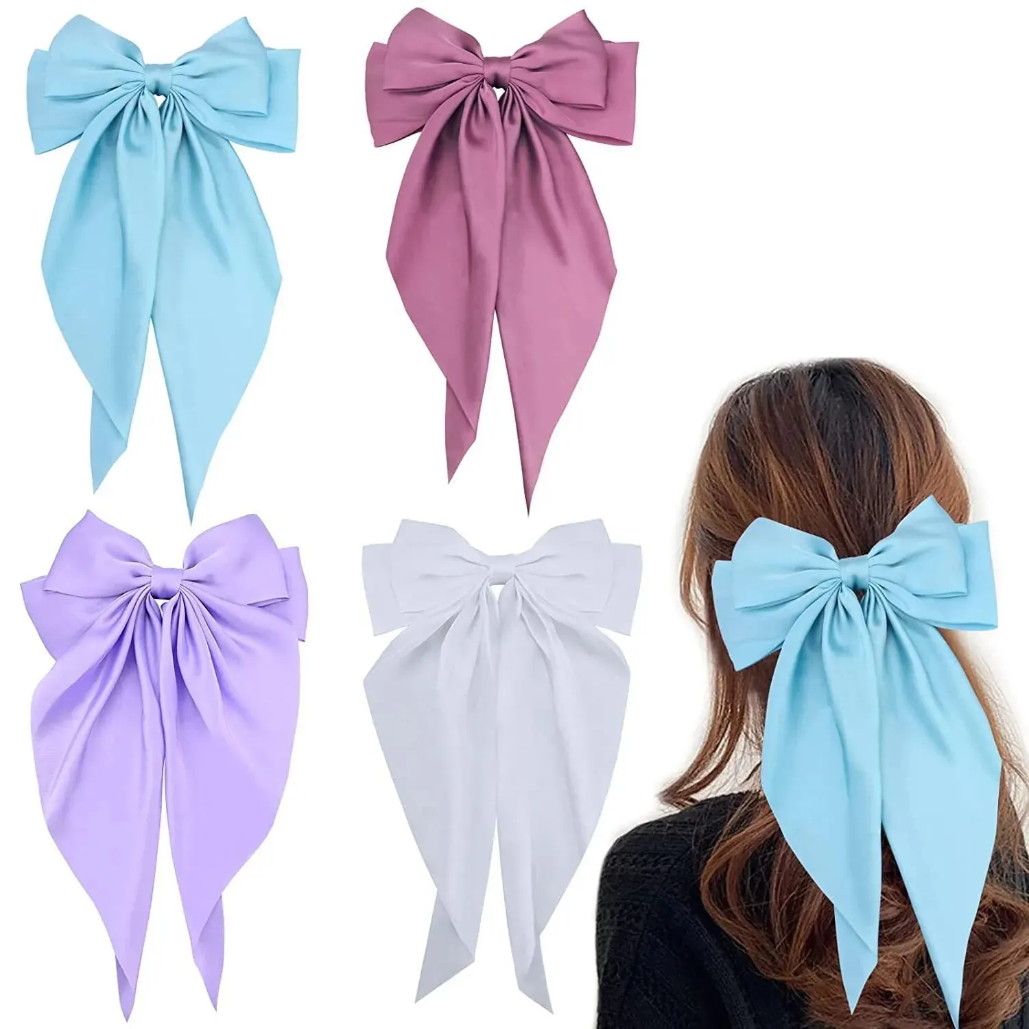 2Pcs/Set Elegant Bow Ribbon Hair Clip Women Fashion Solid Bowknot Satin Hairpin Barrettes Girls Ponytail Clip Hair Accessories