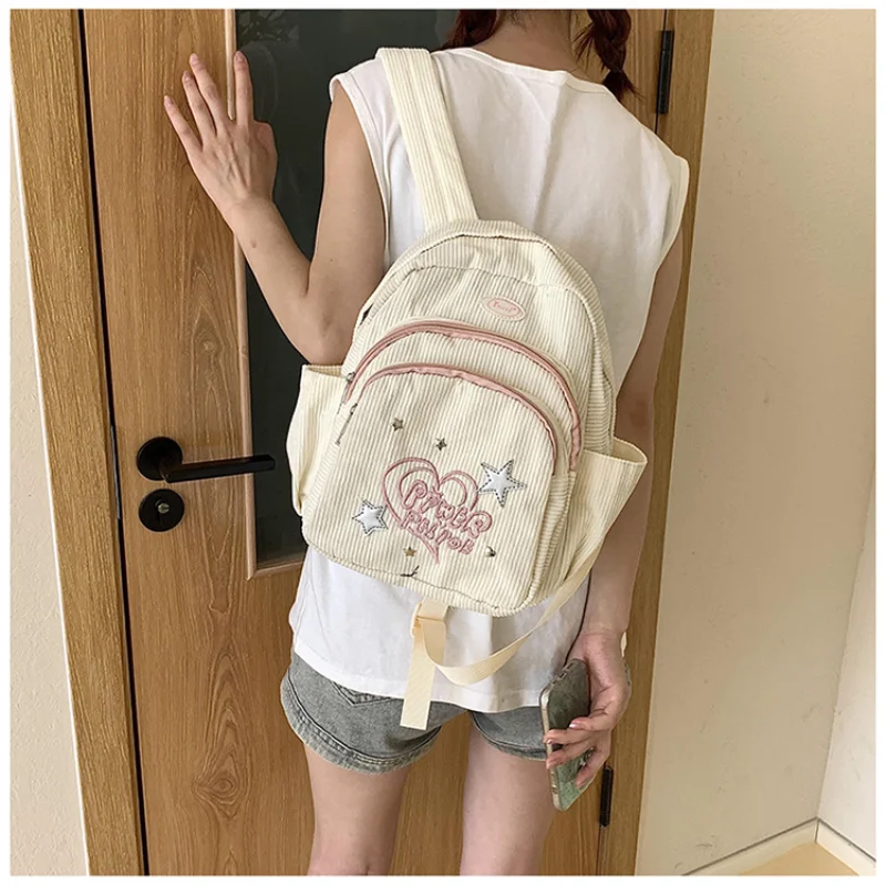 

​2025 Women's Corduroy Backpack Minimalist Embossed Floral Shoulder Bag Lightweight Commuter Daypack Boho Vintage School Bag​