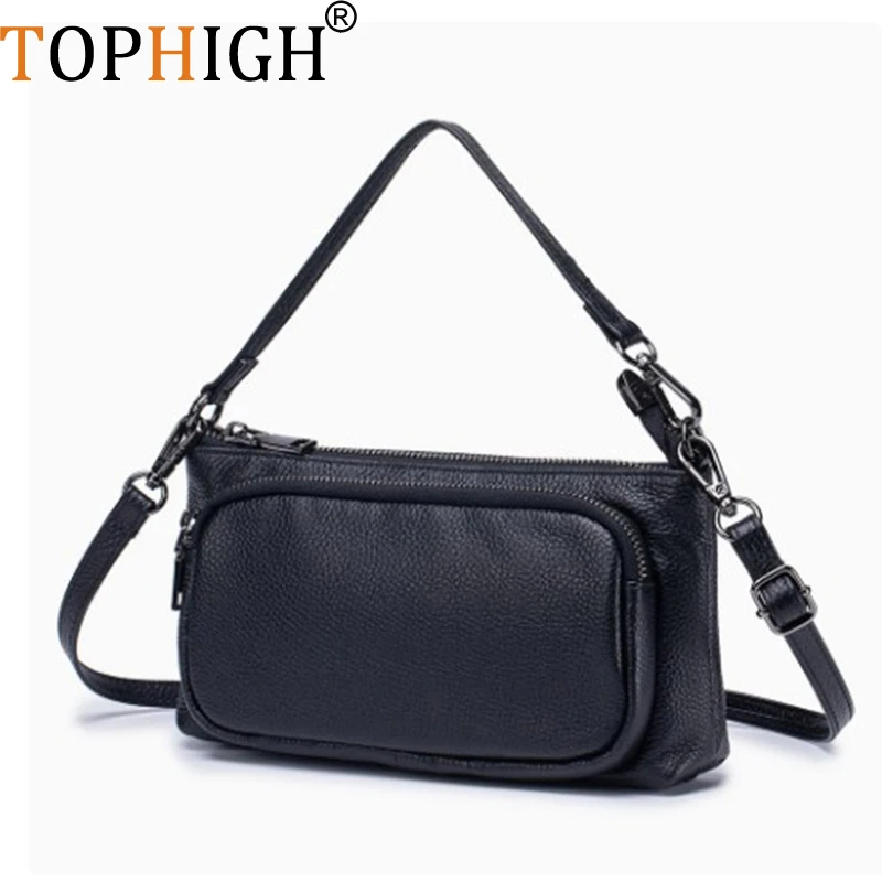 TOPHIGH Newly Genuine Cowhide Leather Shoulder Bag Crossbody Multi-pocket Handbag For Women Luxury Designer Satchel Purse Bag