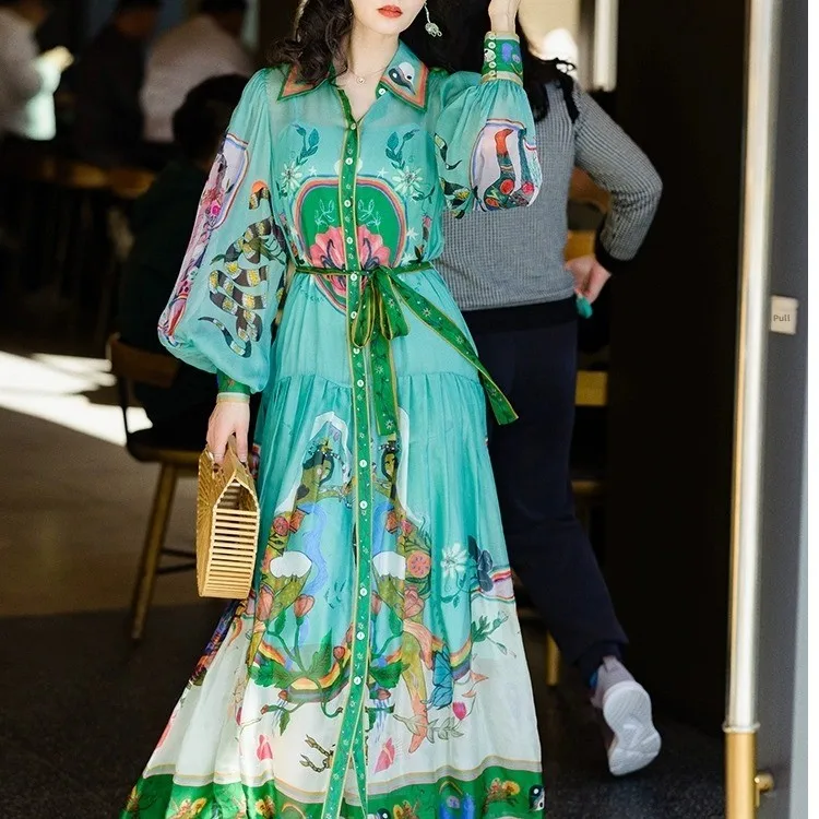 Australien Unique een lanterne Sve col rabattu ceinture taille vacances Dr Long Sve imprimé mousseline de soie trajet Sle