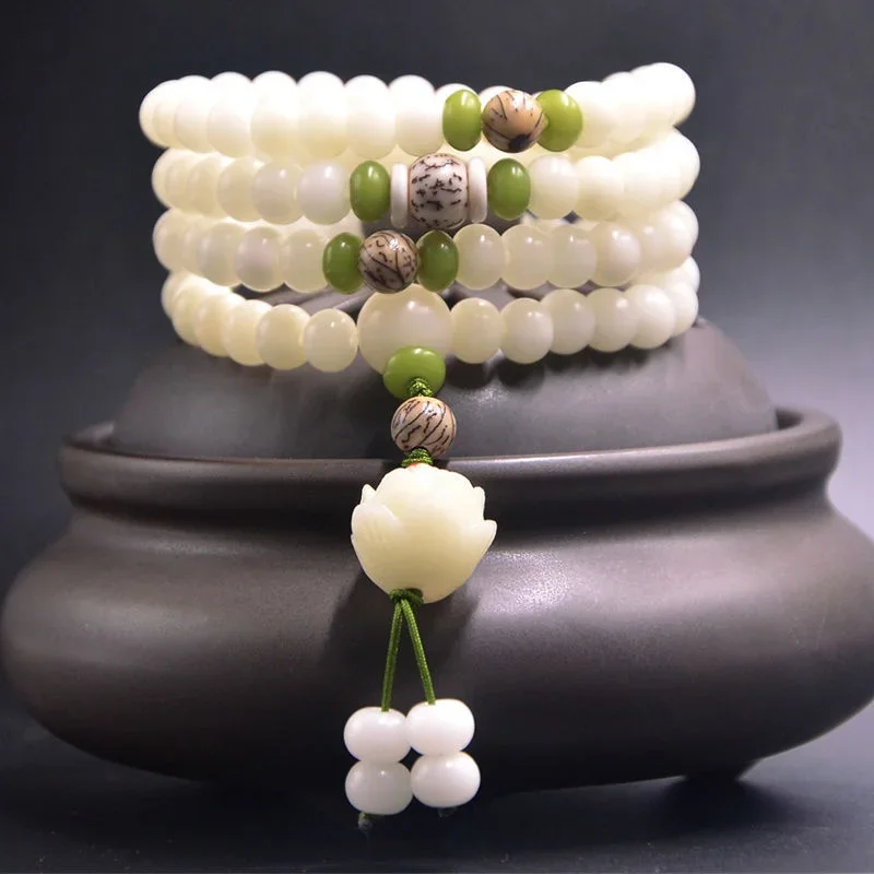 White Jade Bodhi Root Handstring Female 108 Natural Seed Buddha Beads Bracelet Lotus Couple Necklace