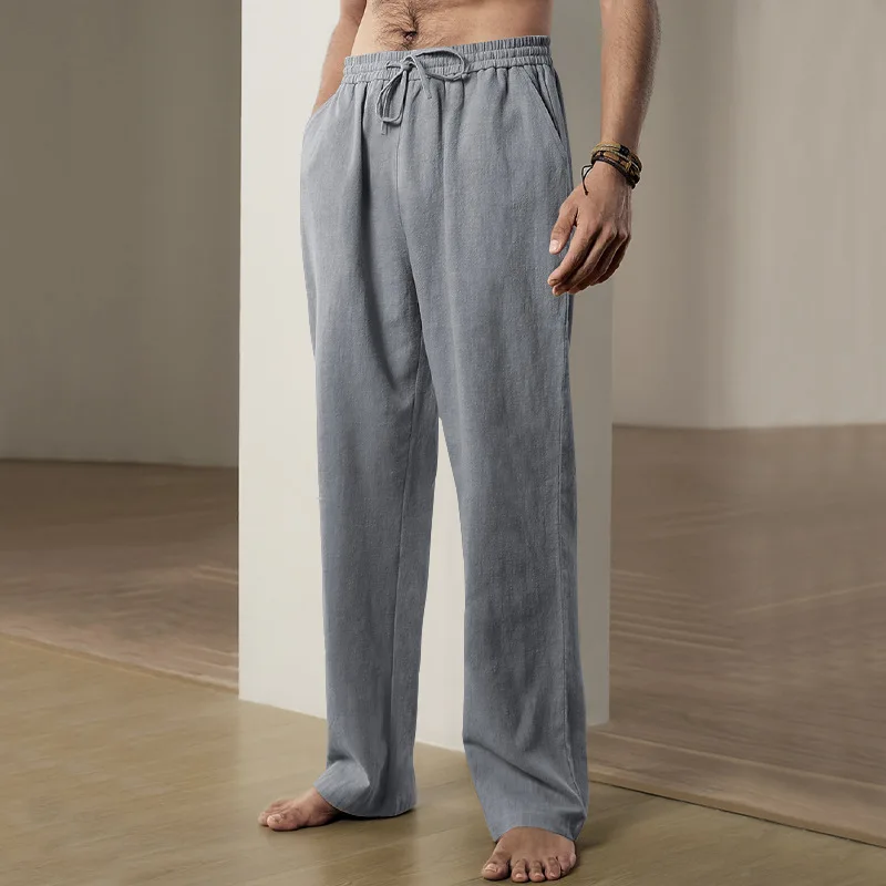 

Summer Linen Pants for Men Loose Fit Breathable Cotton Elastic Waist Casual Vacation Wear