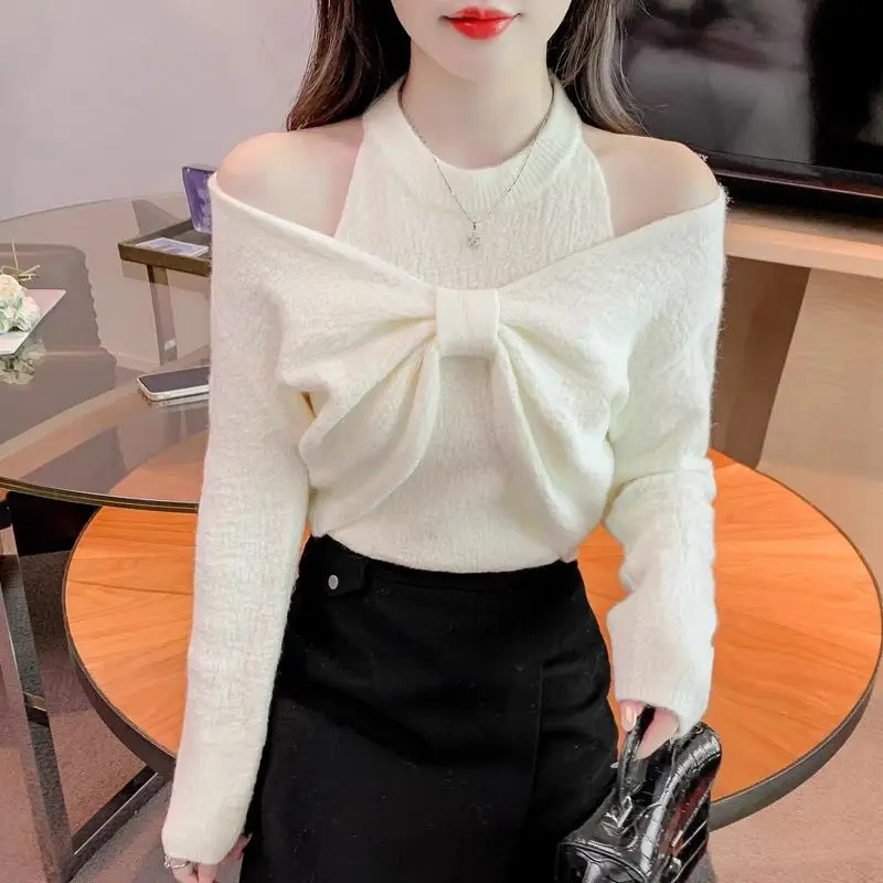 2023 Autumn/Winter New Fashion Pure Lust Off Shoulder Bow Thickened Tank Top Knitted Sweater Top Solid Coat Women Clothing