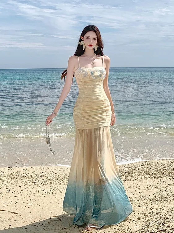 

Летнее платье Island Vaion с завышенной талией, красивое, с драпировкой, сексуальное, с принтом, вязаное, тонкое, с высокой талией