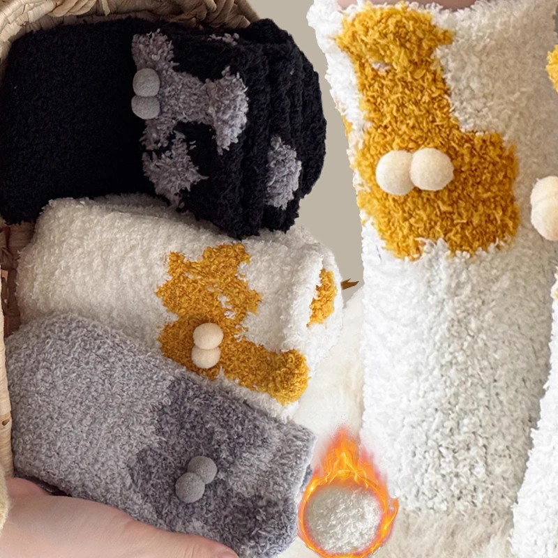 

Осень-зима 2025: коралловые бархатные парные носки с милым мультяшным яйцом и котом, домашние напольные носки, женские носки для сна, толстые теплые плюшевые носки