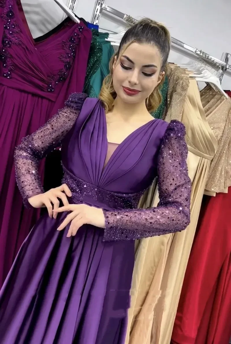 Flavinke-Robe de Soirée en Satin Violet Personnalisée pour Femme, Col en V, Manches sulf, Paillettes, Ligne A, Dos aux, Bal, 2025