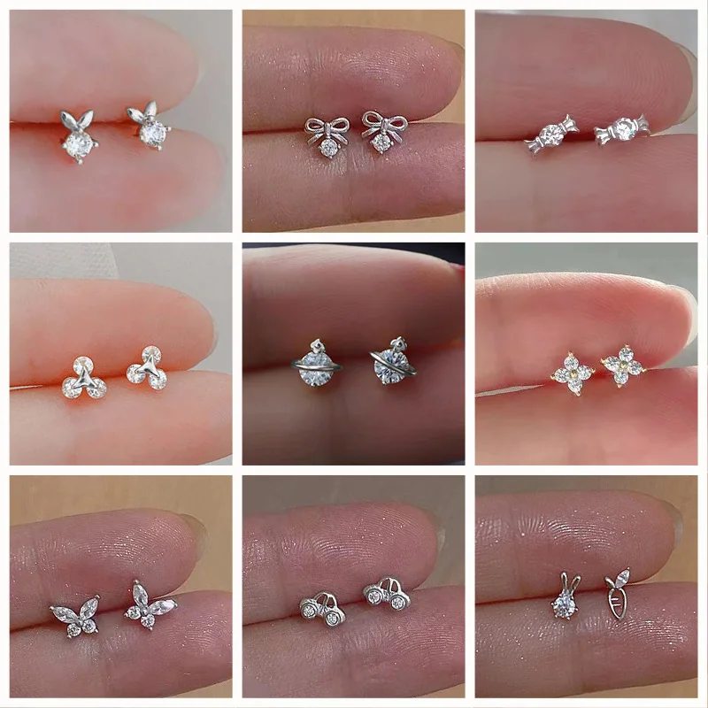 Korean Silver Plated Copper  Female Earings Small Planet Crystal Butterfly Zircon Sweet Cute Stud Earrings Jewelry For Women