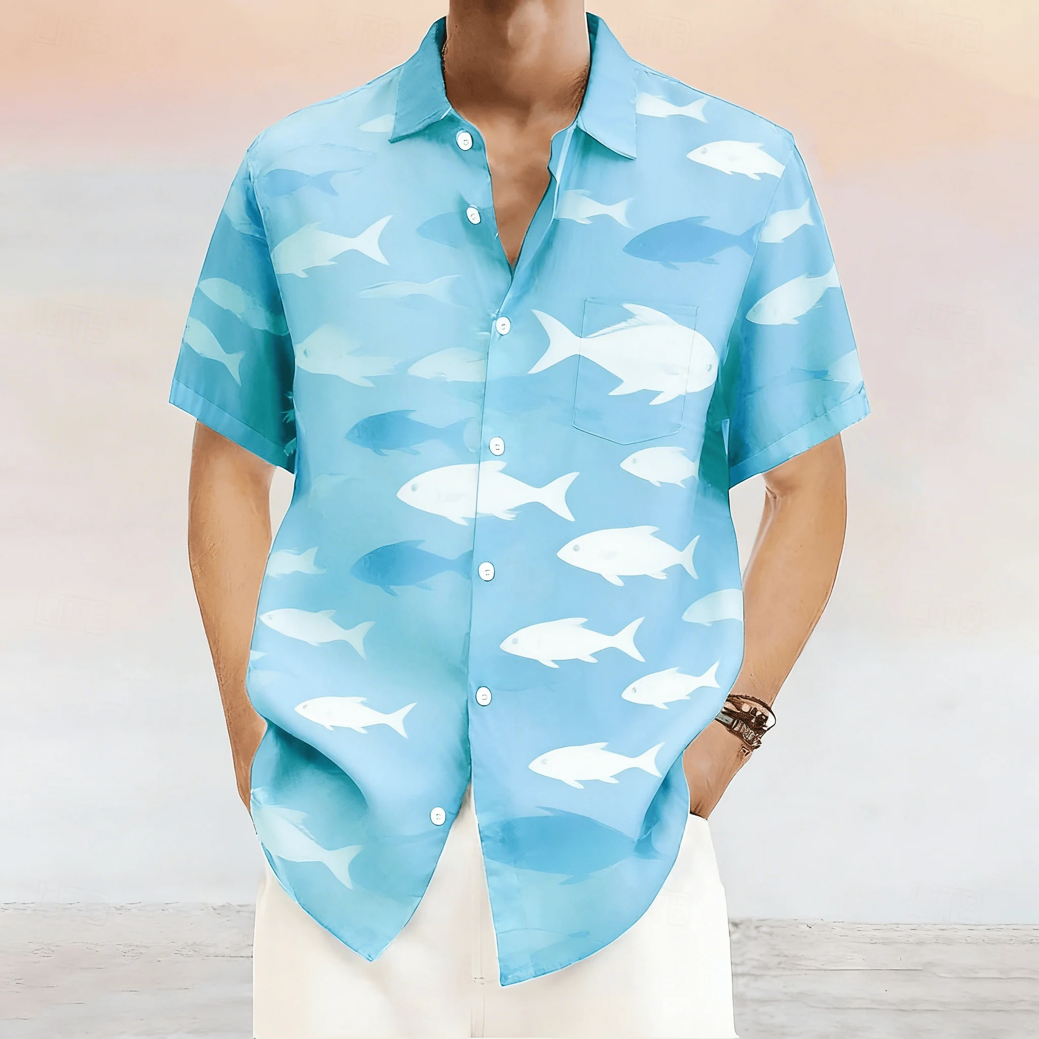 

Men's Casual Ocean Animal Print Short Sleeve Shirt, Turn-Down Collar Shirt, Comfortable Top for Spring Outings