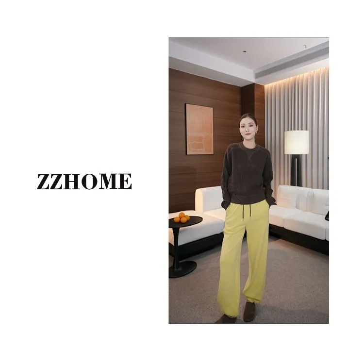 

mat Yellow Elastic Waist Straight Leg Pants Versatile Loose Fit Ladies Casual Trousers Autumn 2025 New Arrival ZOZO HOME