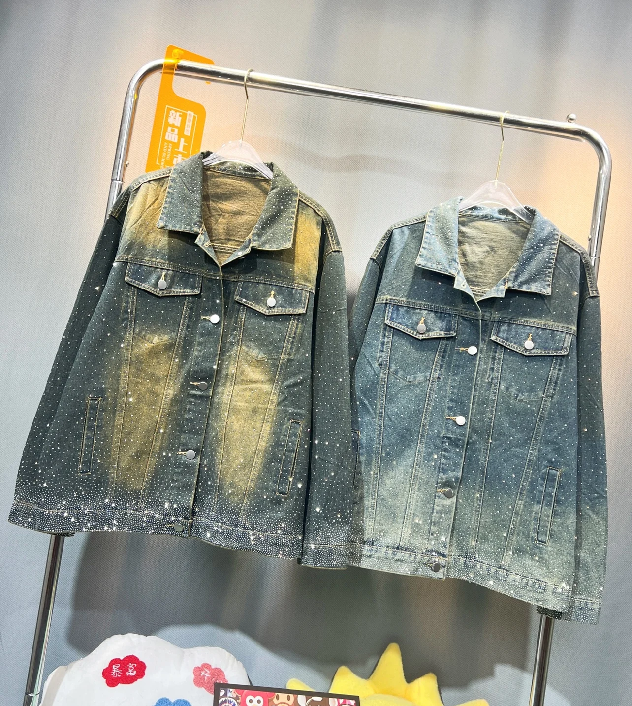 

Babysbreath Hot Drilling Women Denim Jackets New Autumn Loose Single-breasted Cardigan Coat Tie-dye Diamonds Casual Outwear