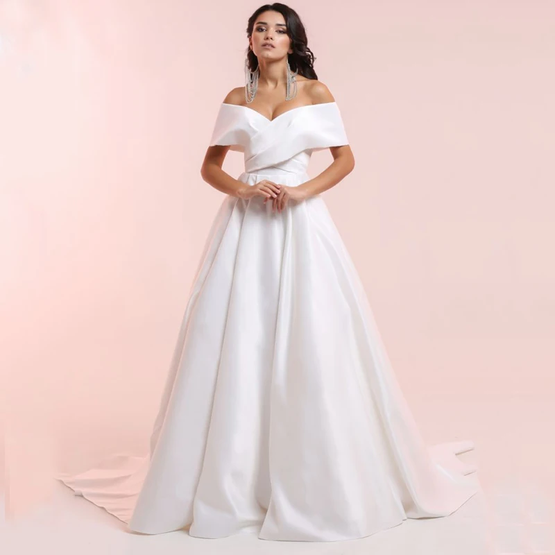 

Off Shoulder Sweetheart Simple Pleated Lace Up A-Line Satin Wedding Dress Bridal Gown Vestido De Noiva