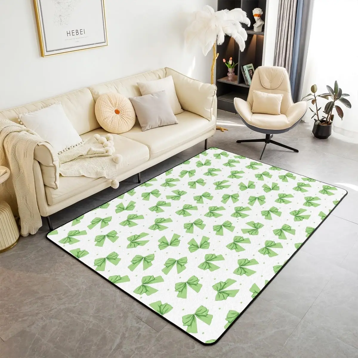 Cute Bow Knot Area Rug, Emerald Green Bow Tie Rugs for Living Room, Dreamy Princess Bowknot Girly Washable Rug Kawaii Geometric