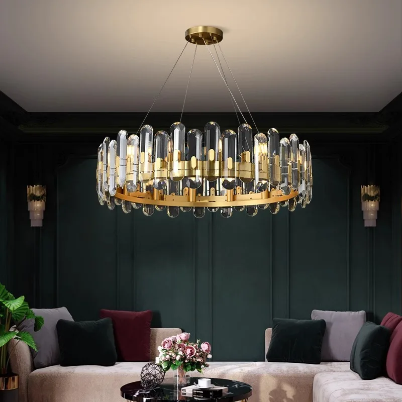 

Postmodern All Copper Pendant Lights Round Crystal Chandeliers Luxurious Designer Villa Living Room LED Ceiling Lamps Restaurant