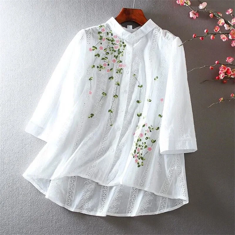 Loose Pure Cotton Shirt For Women Cardigan Thin Blusas Top Chinese Style Female Blouse Literature Embroidery Blouses Women Shirt