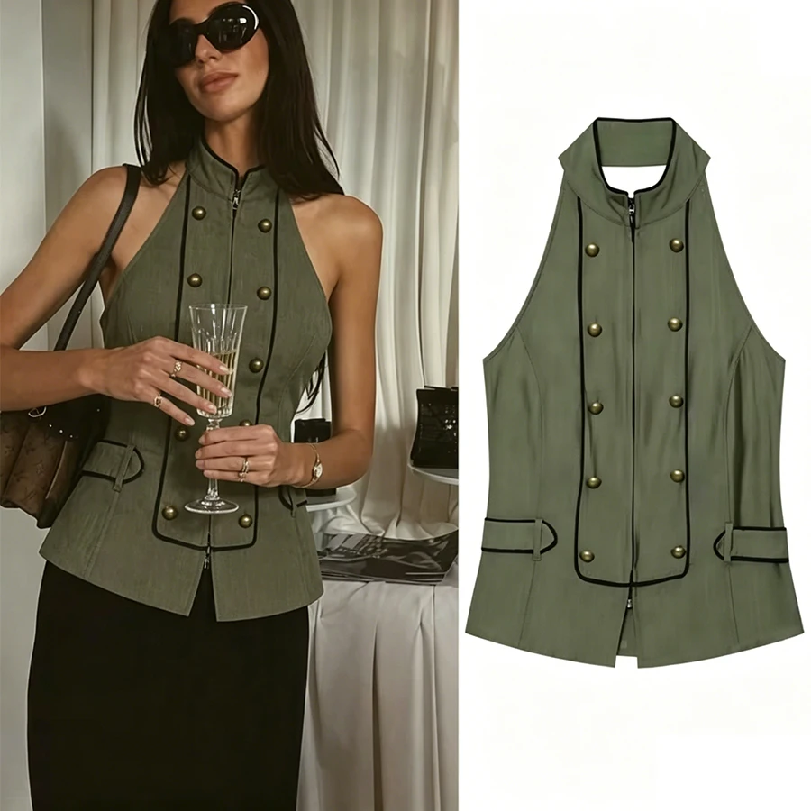 Elegantes neues Halter-Top für Damen, ärmellos, mit Stehkragen, schickem Knopf, schmal geschnitten, einfarbig, für den Alltag.