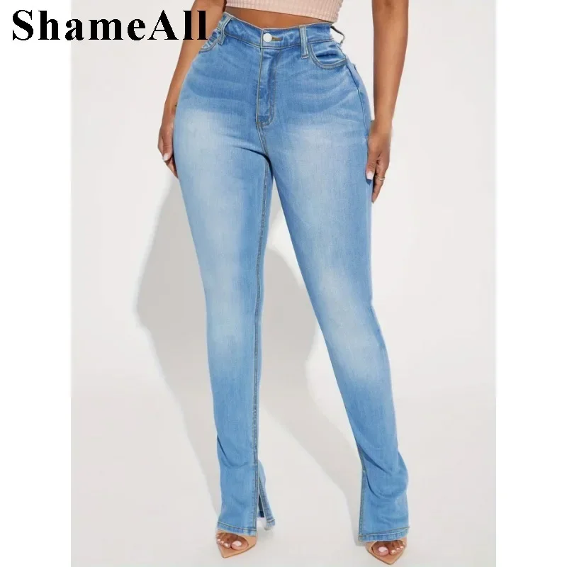 Plus Size High Rise Side Split Stretchy Skinny Jeans 5XL Women Sexy Slim Fit Diressed Light Blue Pencil Denim Pants